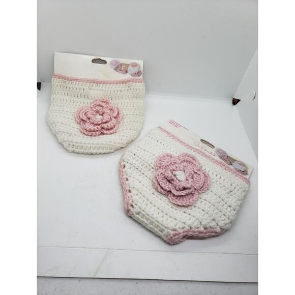 2 Pair NEW Hand Crocheted Diaper Cover Baby Girls 0-6 Months White Pink Flower - Picture 12 of 12